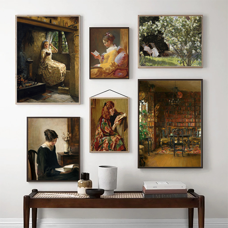 Vintage Item - Girl Reading Vintage Oil Painting On