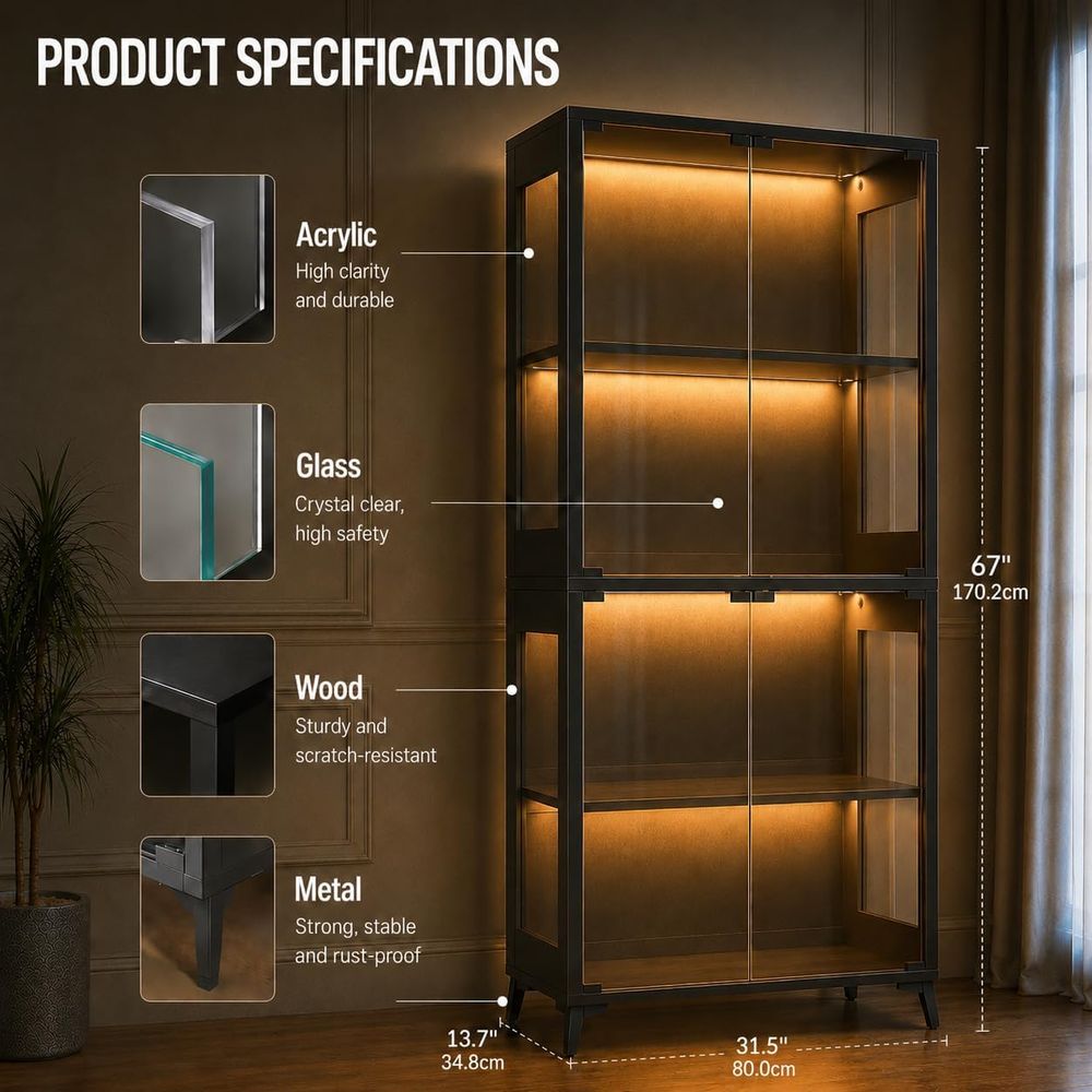 4-Tier Glass Display Cabinet w - Collectible Collection 评论和价格
